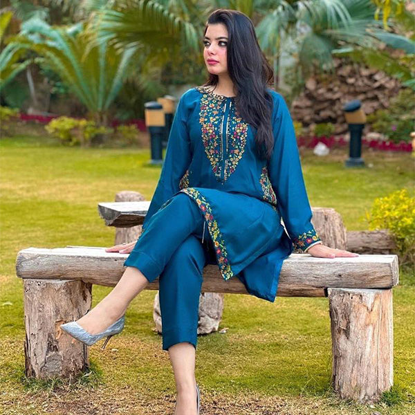 2 Pcs Women's Stitched Lines Embroidered Suit, Blue